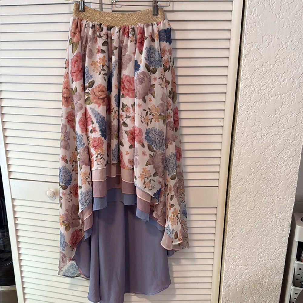 Pleides Floral High-Low Skirt with Gold Waistband